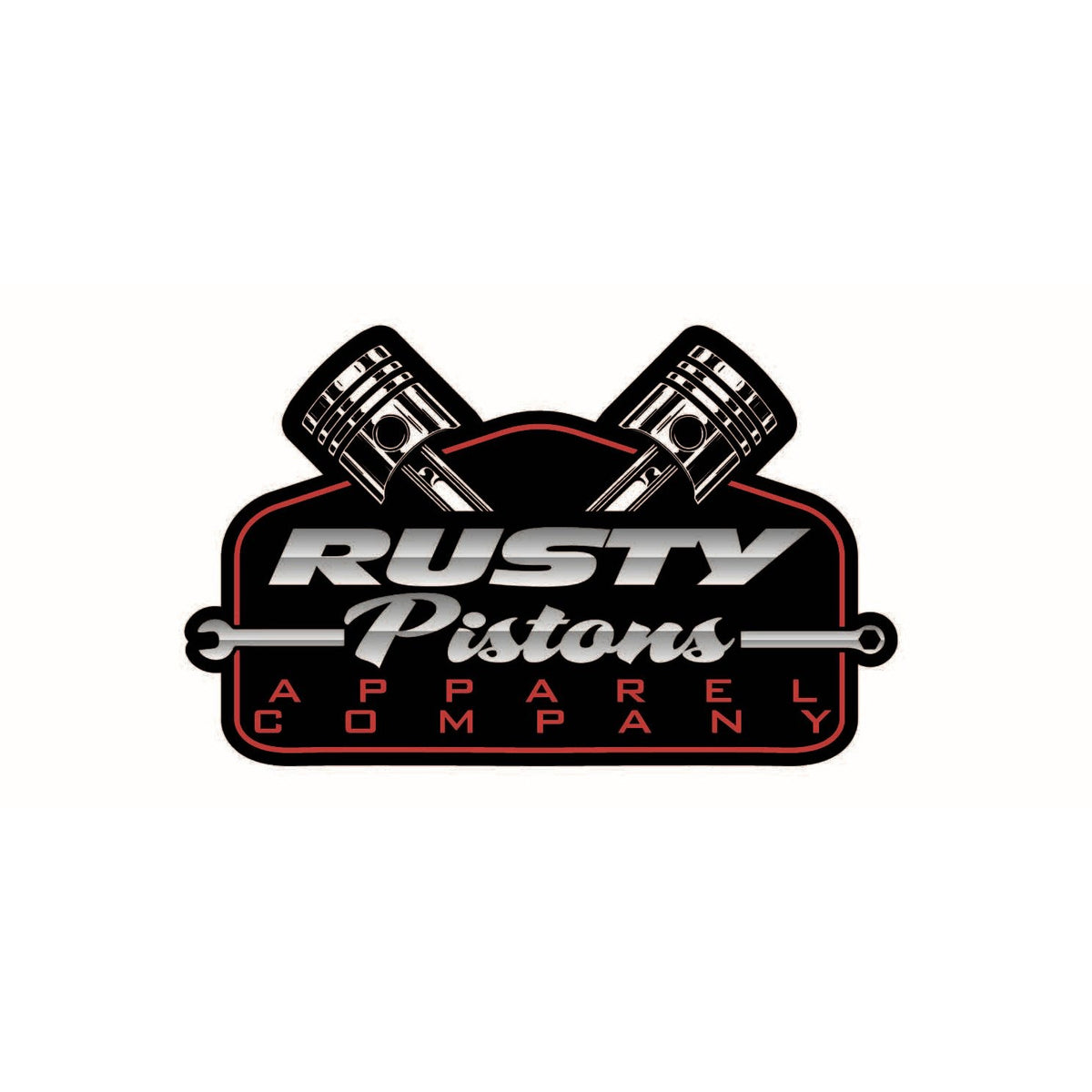 Rusty Pistons decal Classic Logo in Black, Red, and Silver Rusty